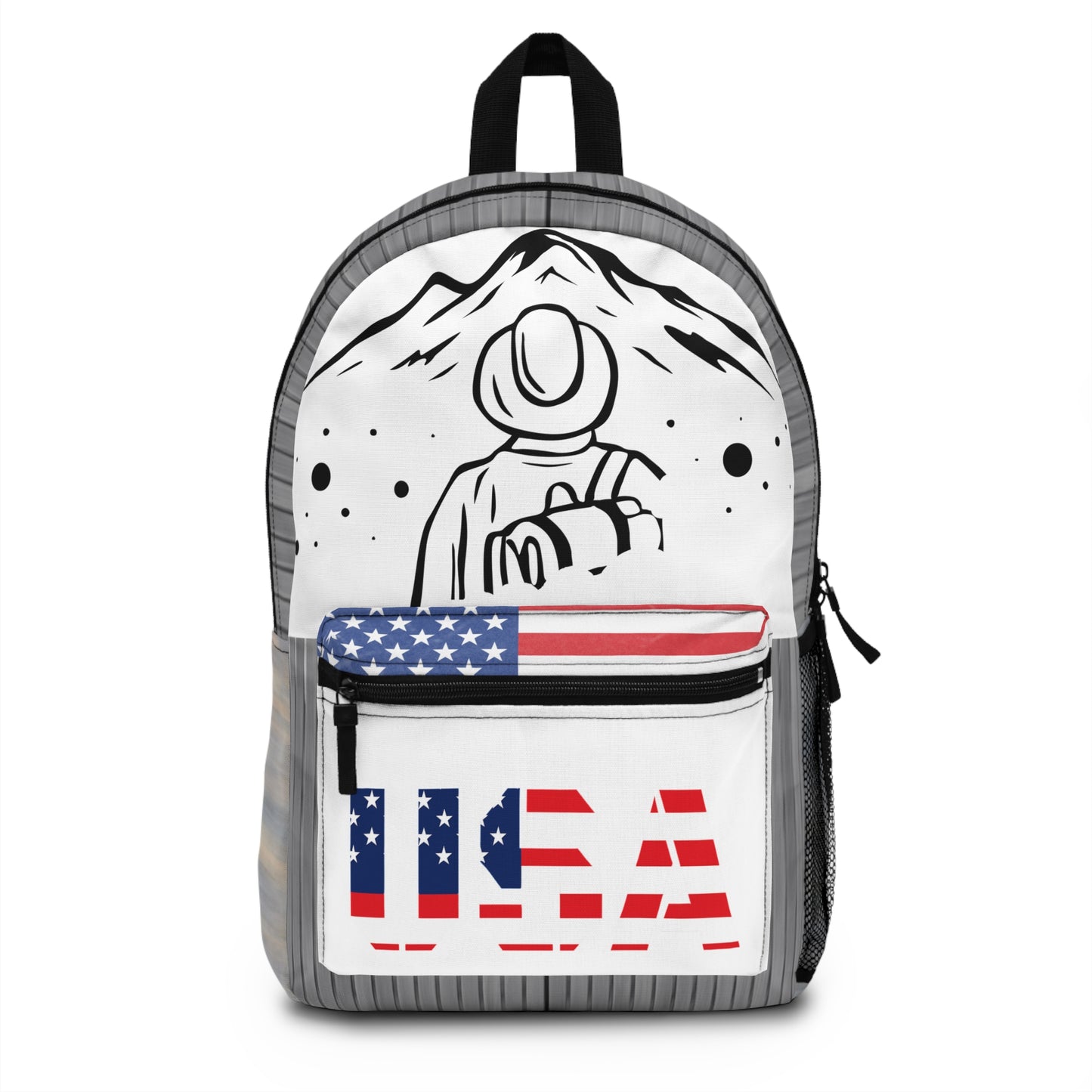 USA flag backpack with patriotic stars and stripes, durable bag for school, travel, and space fans by Printify.