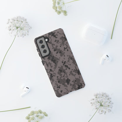 Gray digital camouflage phone case by Printify, tough protective cover designed for smartphones with a digital camo pattern.
