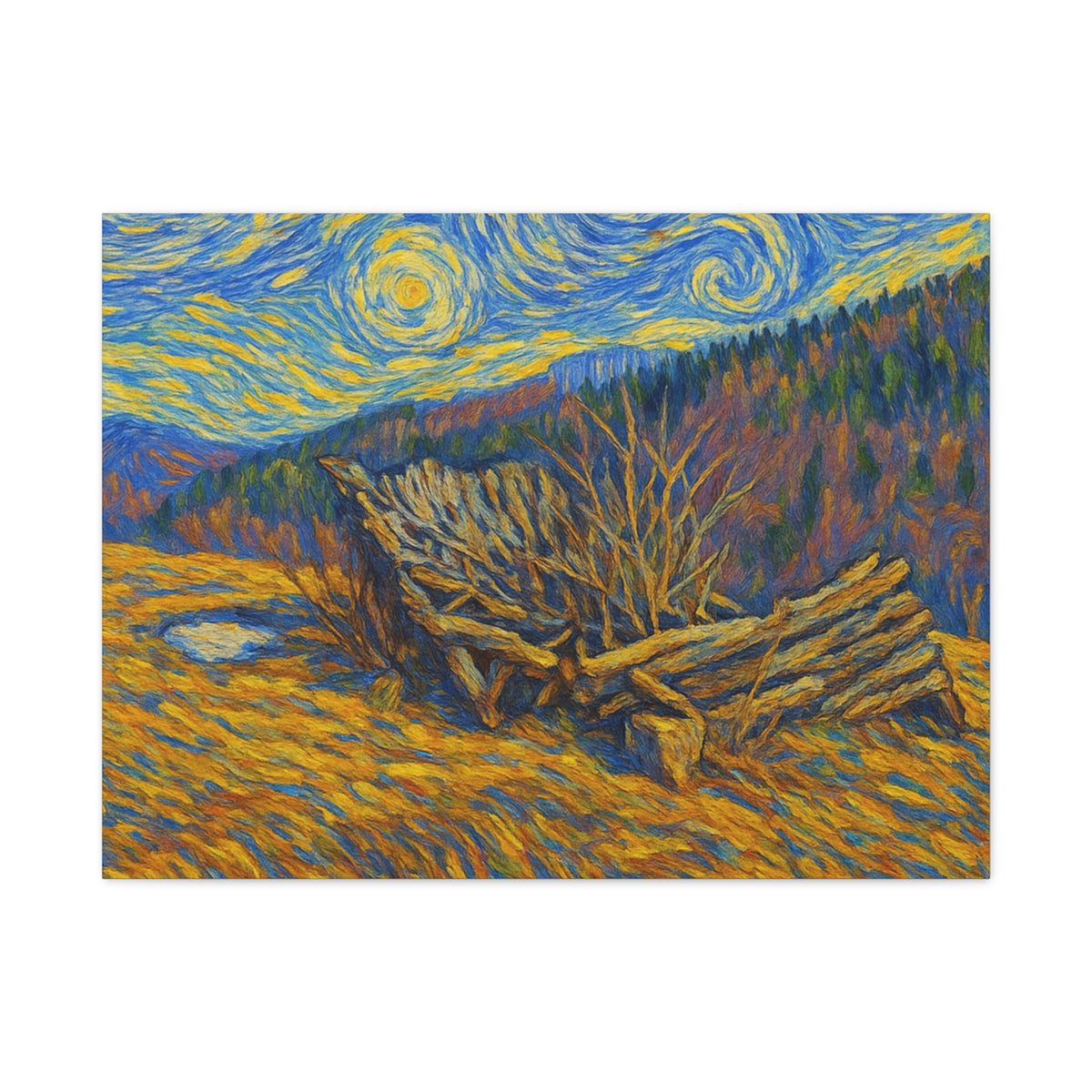 Impressionist Starry Landscape canvas print by Printify featuring a vibrant night sky and scenic landscape artwork.
