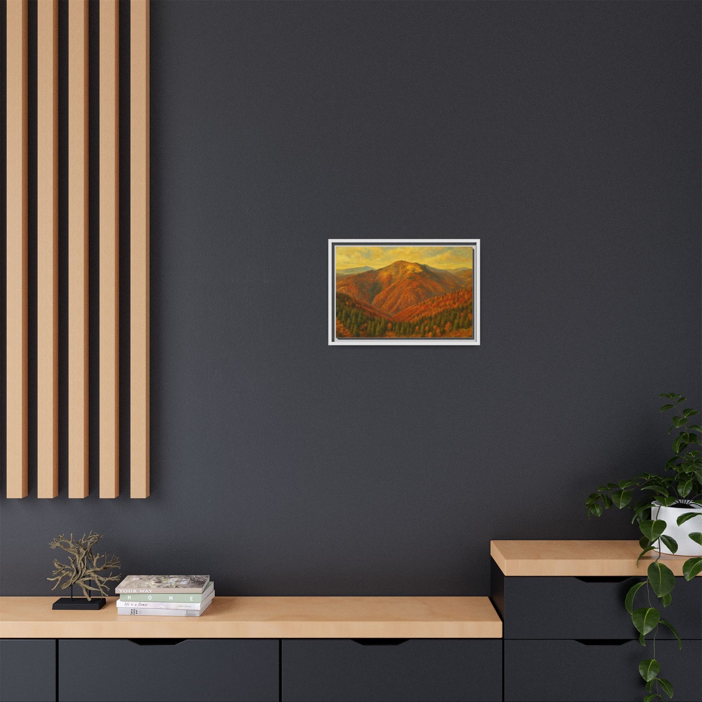 Autumn mountain matte canvas framed wall art by Printify featuring a scenic mountain landscape in warm fall colors.