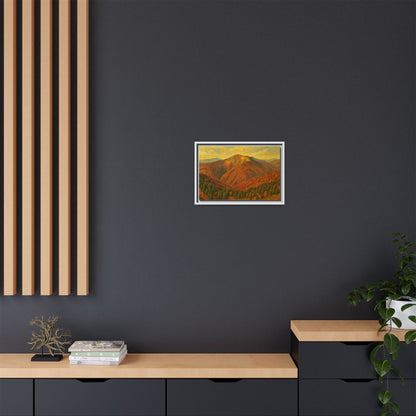 Autumn mountain matte canvas framed wall art by Printify featuring a scenic mountain landscape in warm fall colors.