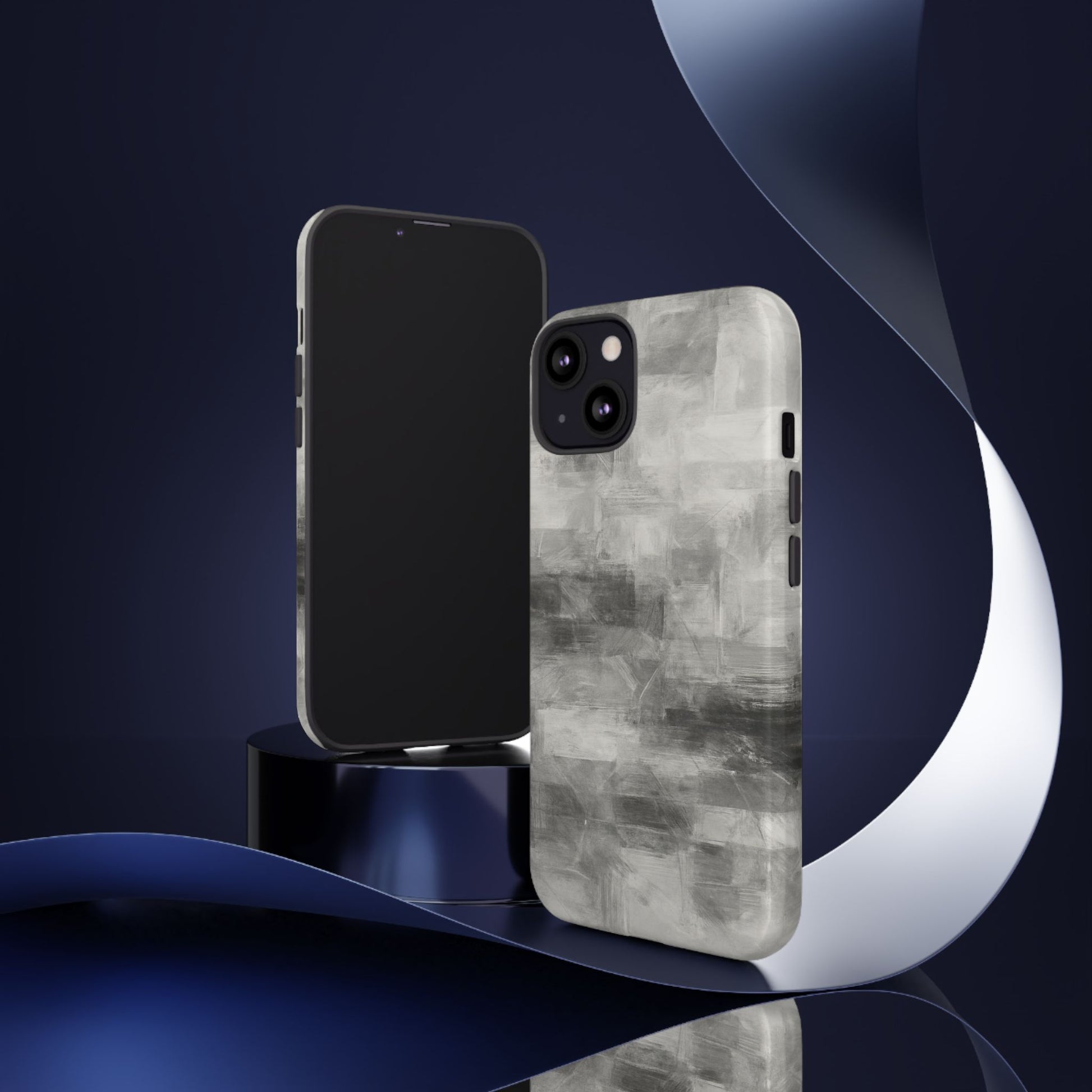 Abstract gray grid phone case for iPhone, tough protective cover with modern design by Printify, shown on a smartphone.