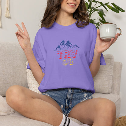Unisex garment-dyed T-shirt with the TRV08 logo from Printify, casual fit and soft fabric in a natural color.