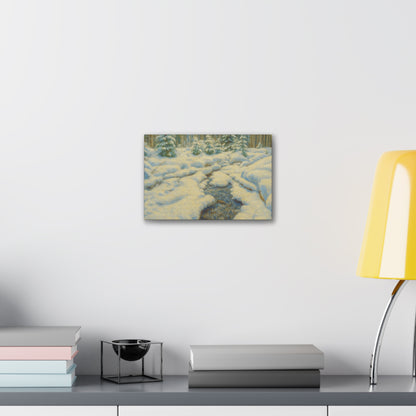 Snowy forest stream winter landscape canvas wall art by Printify showing a tranquil snow-covered forest and flowing stream.