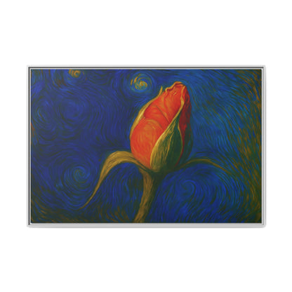 Red rose bud painting on canvas framed wall art by Printify, featuring a vibrant matte floral design.