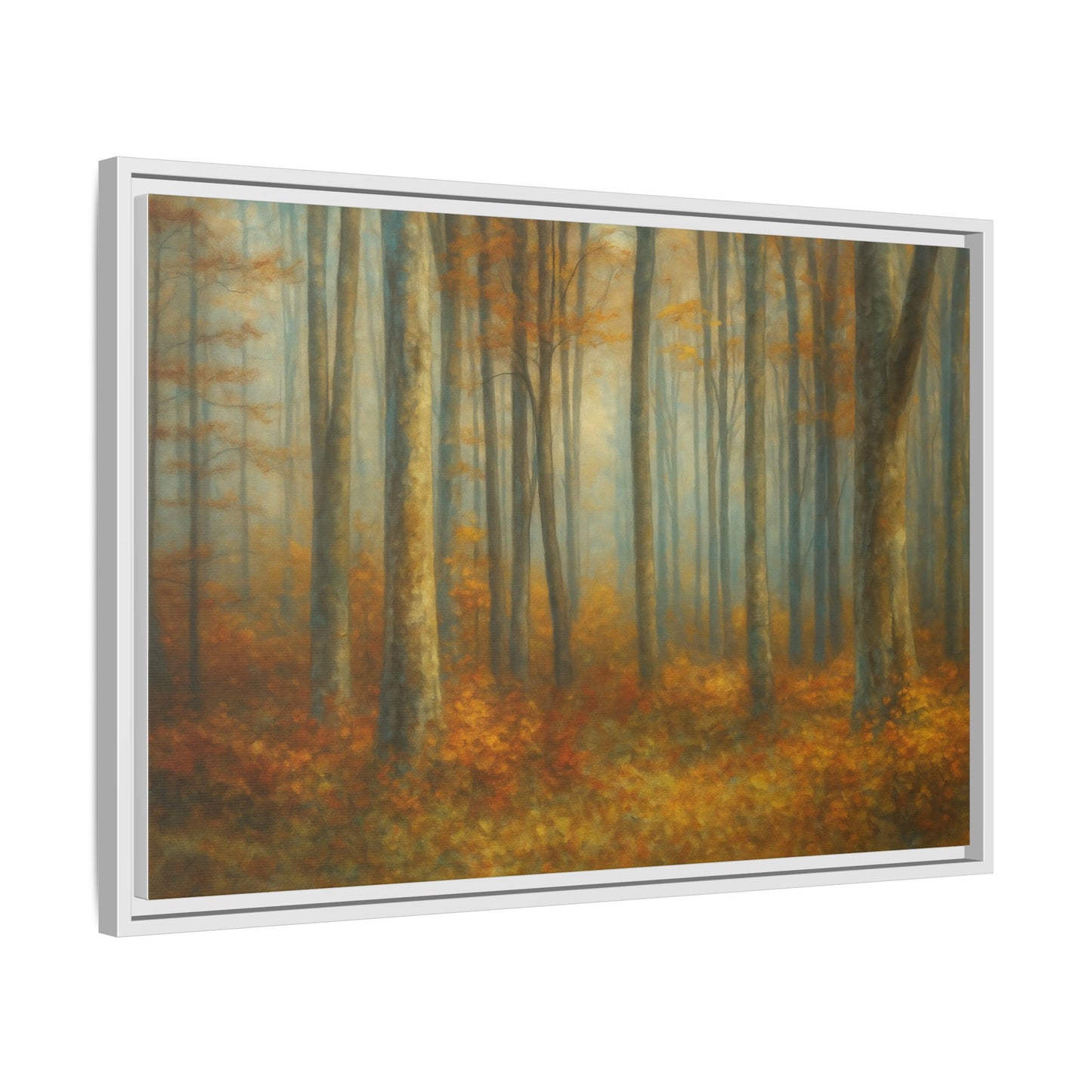 Framed autumn forest canvas print featuring misty woodland scene, wall art by Printify for nature-inspired home decor.