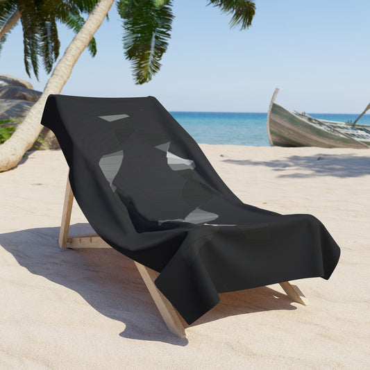 Black and gray monochrome abstract waves beach towel with geometric design, featuring bold wave patterns and modern style.