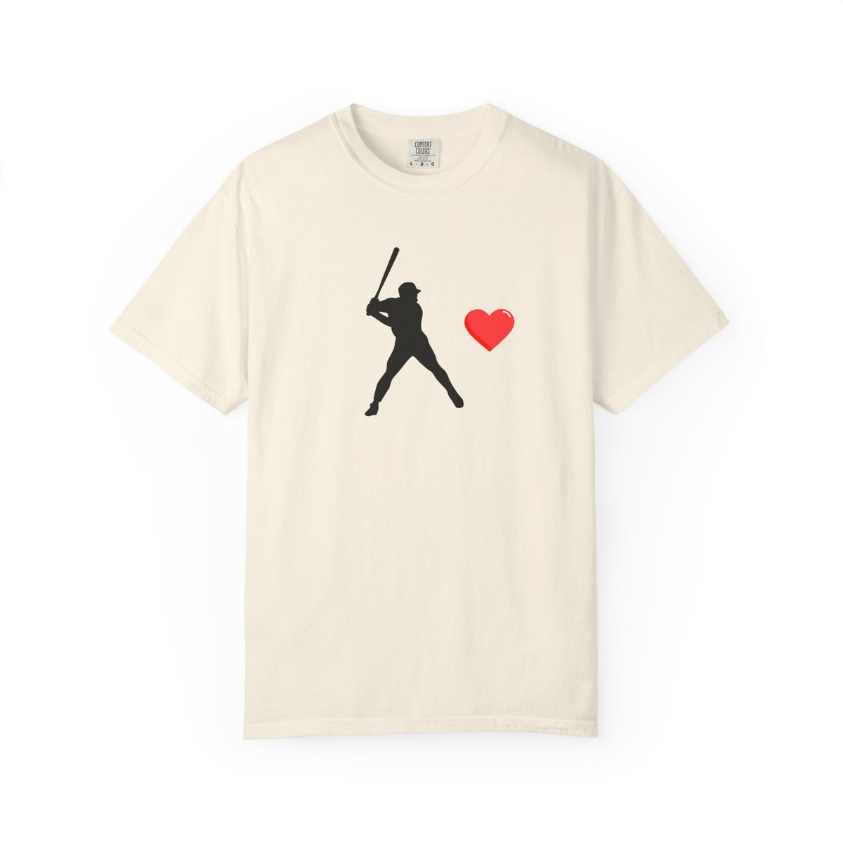 White baseball batter heart T-shirt from Printify featuring a graphic print of a batter with a heart motif.