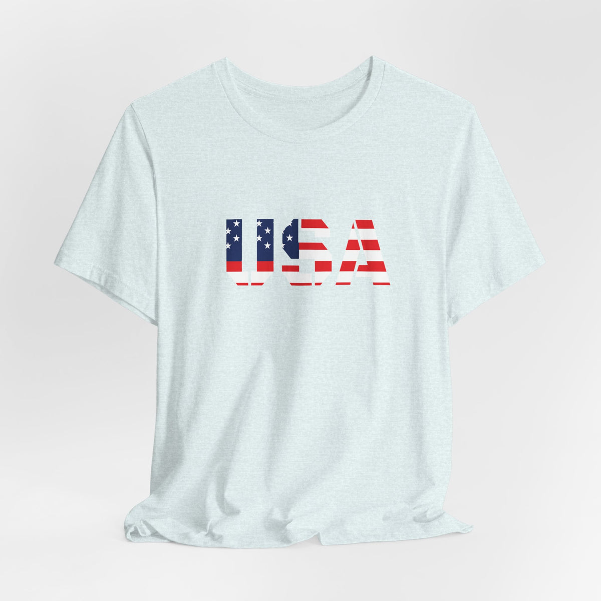 Red, white, and blue USA flag text T-shirt by Printify featuring patriotic Fourth of July design, front view.