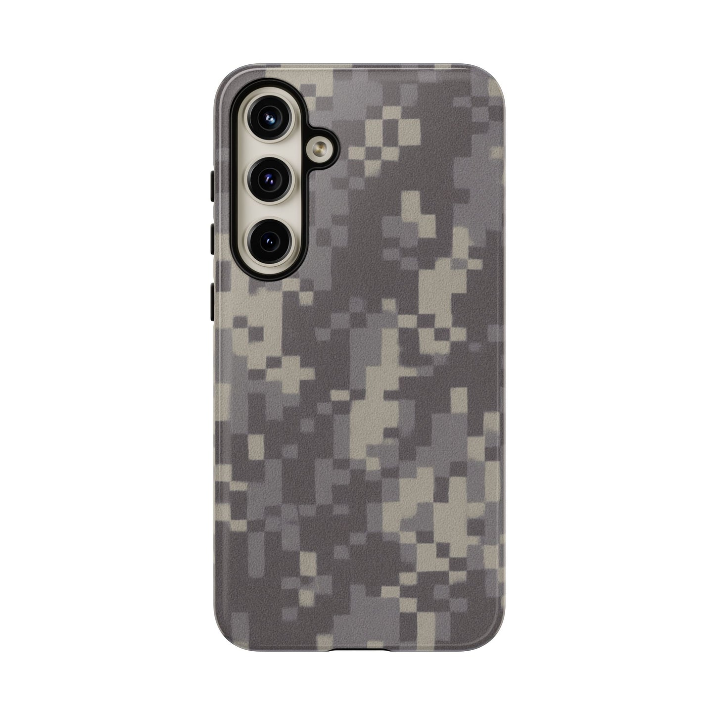 Camouflage tough phone case by Printify with rugged digital camo design protecting a smartphone from impacts and scratches.