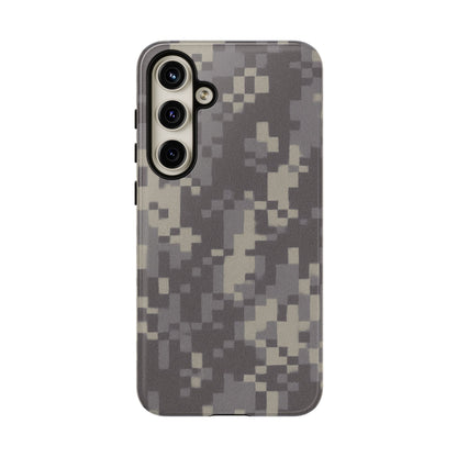 Camouflage tough phone case by Printify with rugged digital camo design protecting a smartphone from impacts and scratches.