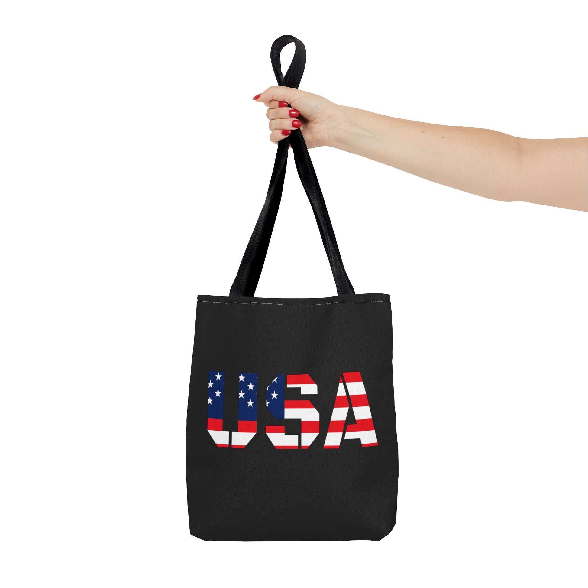 Reusable patriotic USA flag tote bag by Printify, summer carryall with American flag design for 4th of July celebrations.