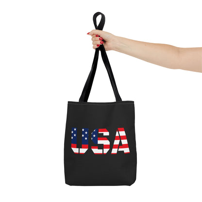 Reusable patriotic USA flag tote bag by Printify, summer carryall with American flag design for 4th of July celebrations.