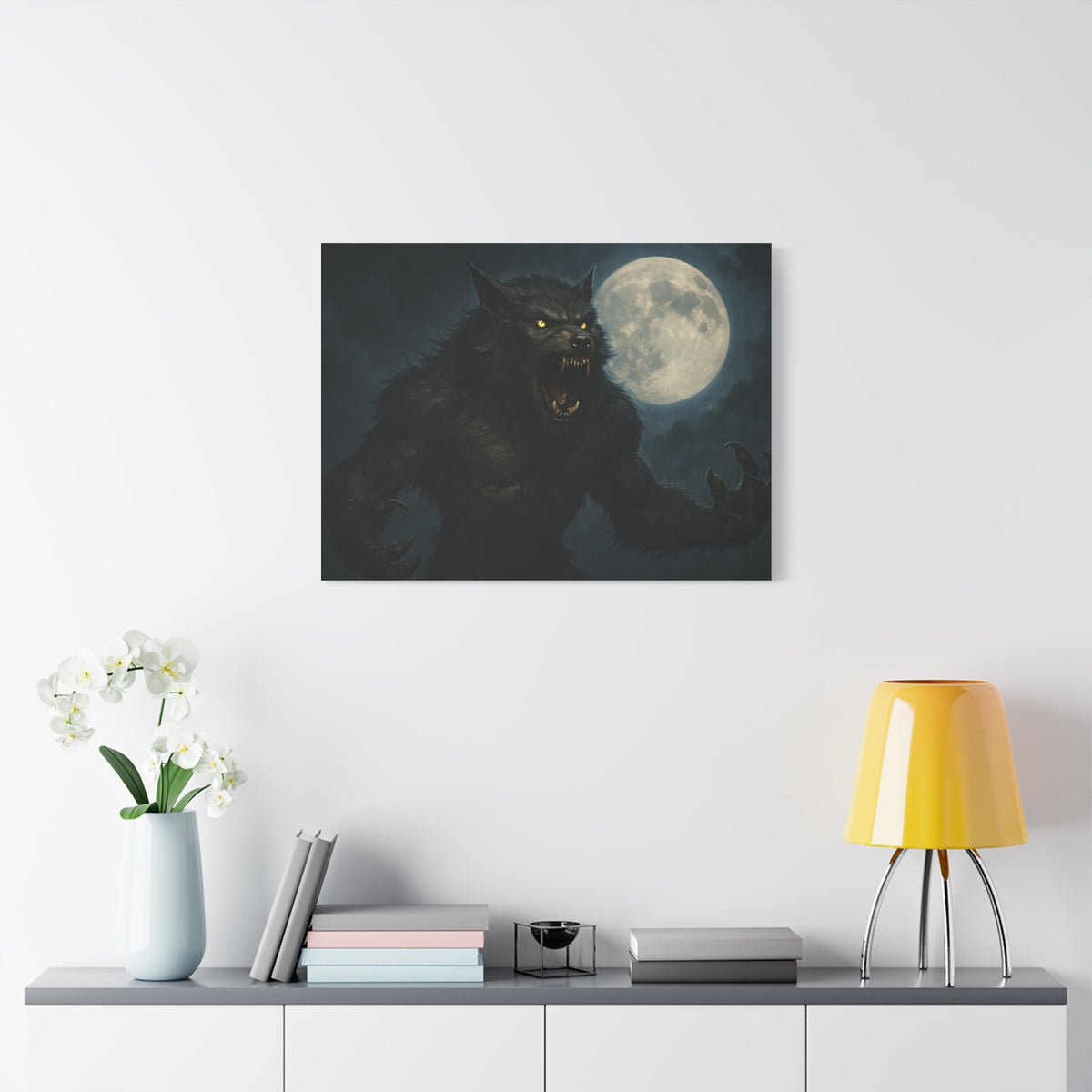 Werewolf Moon matte canvas print featuring a spooky full moon and wolf silhouette, ideal for Halloween-themed wall decor.