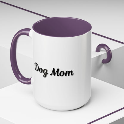 Dog Mom Accent Coffee Mug — white ceramic coffee mug with retro script "Dog Mom" print, colored interior and C-handle, 11oz/15oz, close-up of the printed design