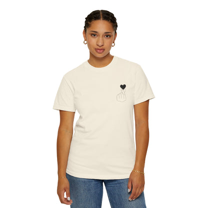 Black T-Shirt with minimal white finger heart graphic design, casual Printify branded graphic tee for everyday wear.
