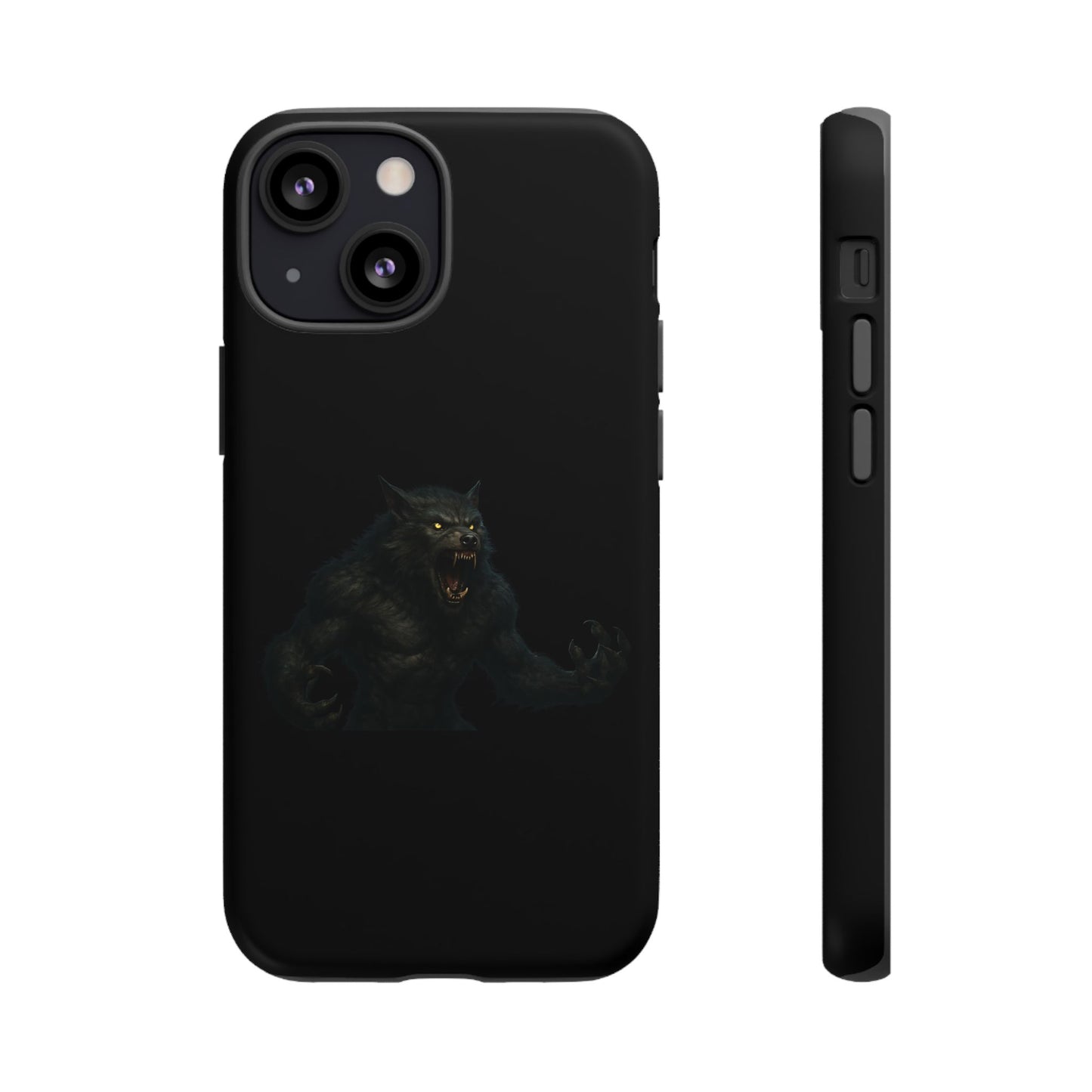 Dark werewolf graphic phone case from Printify, rugged protective case featuring a fierce monster design for smartphones.