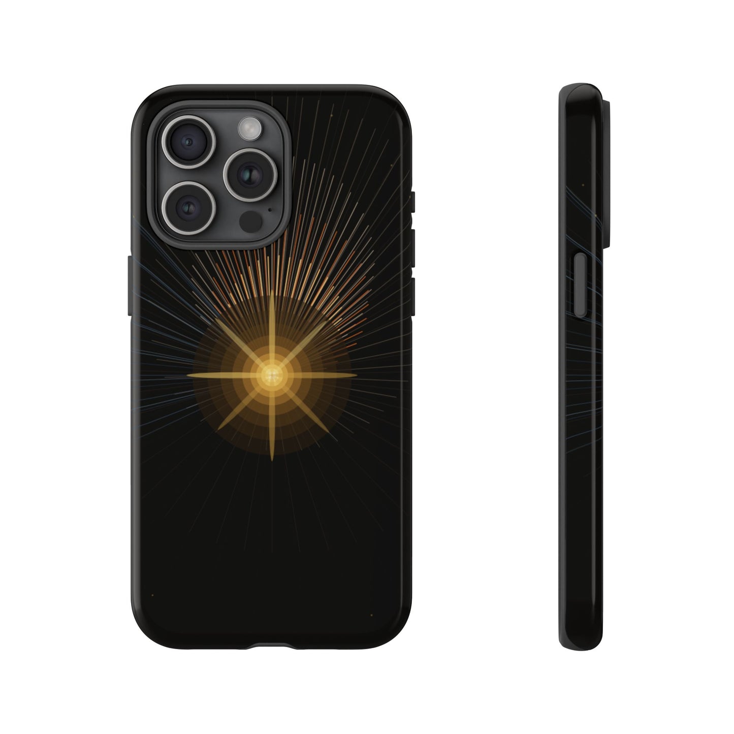 Tough Cases - Radiant Star Phone Case, Protective Black Shockproof Cover with Golden Light Design