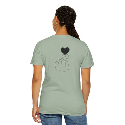 Black T-shirt with minimal white finger heart graphic, printed by Printify, featuring a simple heart design on the front.