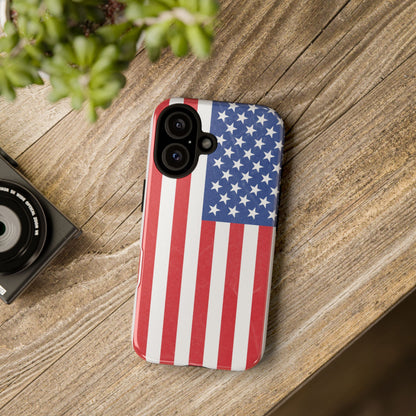 Durable American flag phone case for iPhone with patriotic design, made by Printify, offering sturdy protection and bold style.
