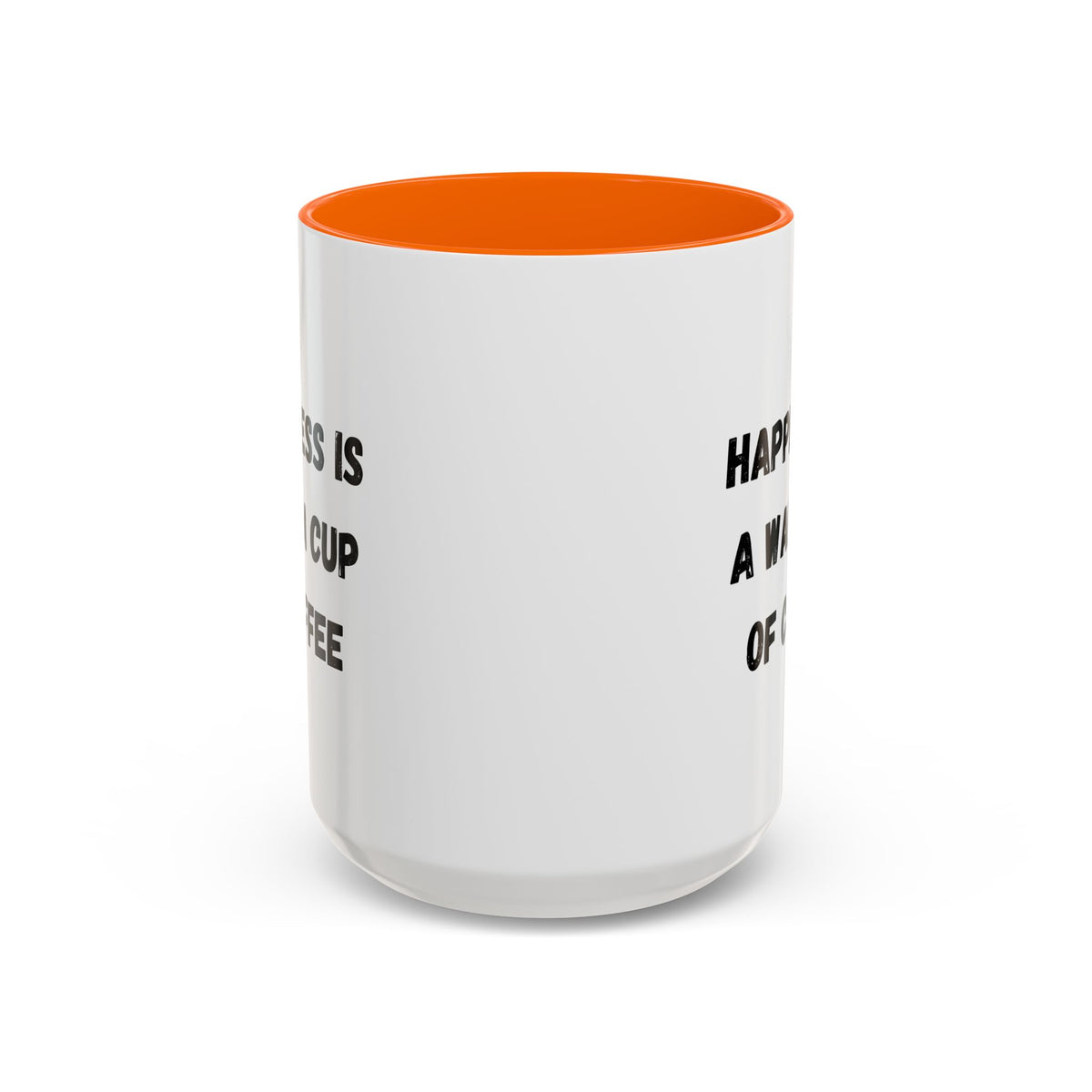 Ceramic coffee mug with "Happiness Is A Warm Cup Of Coffee" quote, branded by Printify, white mug with black text.