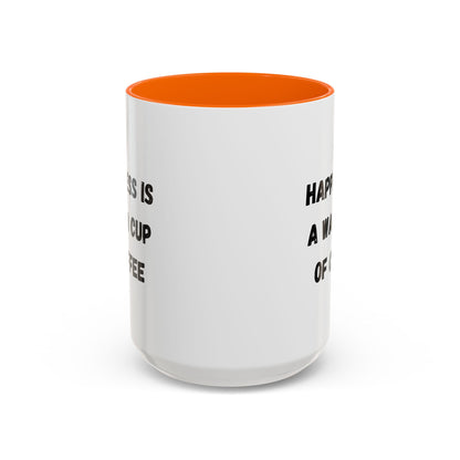 Ceramic coffee mug with "Happiness Is A Warm Cup Of Coffee" quote, branded by Printify, white mug with black text.