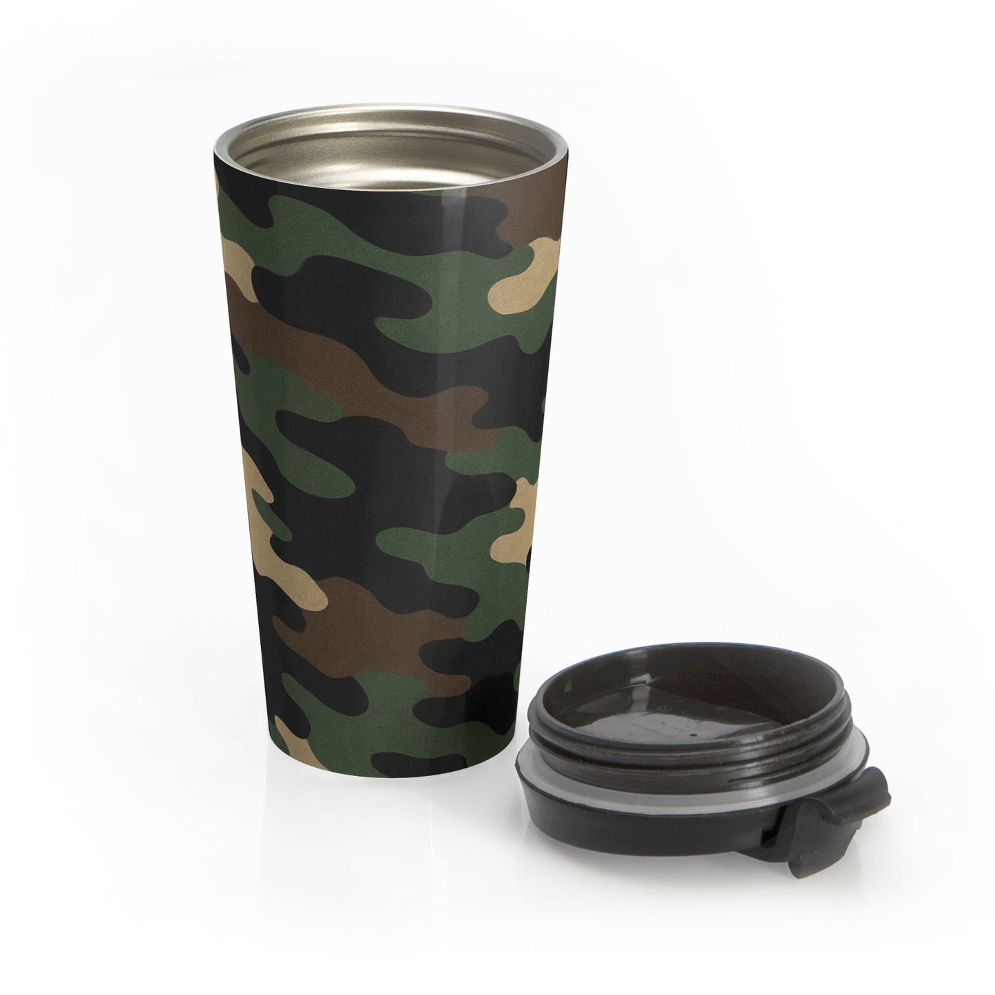 Printify camo stainless steel travel mug with a sleek design, ideal for hot and cold beverages on the go.