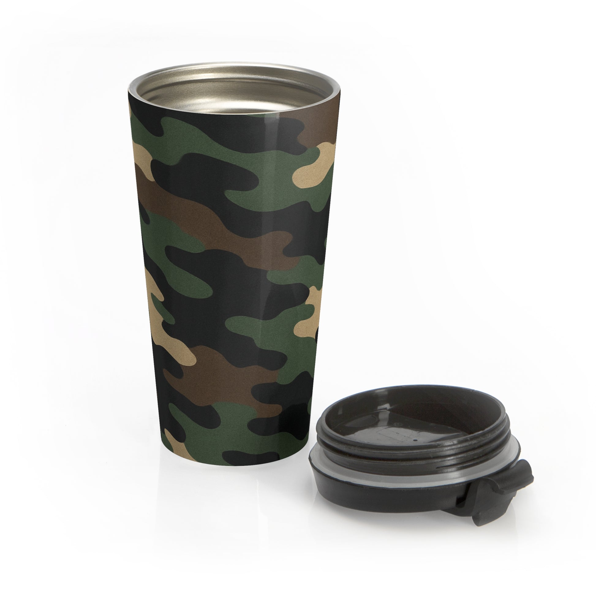 Printify camo stainless steel travel mug with a sleek design, ideal for hot and cold beverages on the go.
