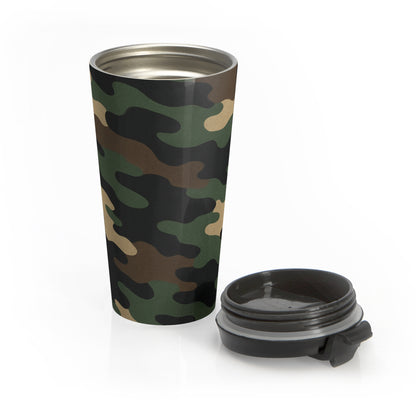 Printify camo stainless steel travel mug with a sleek design, ideal for hot and cold beverages on the go.