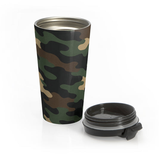 Printify camo stainless steel travel mug with a sleek design, ideal for hot and cold beverages on the go.
