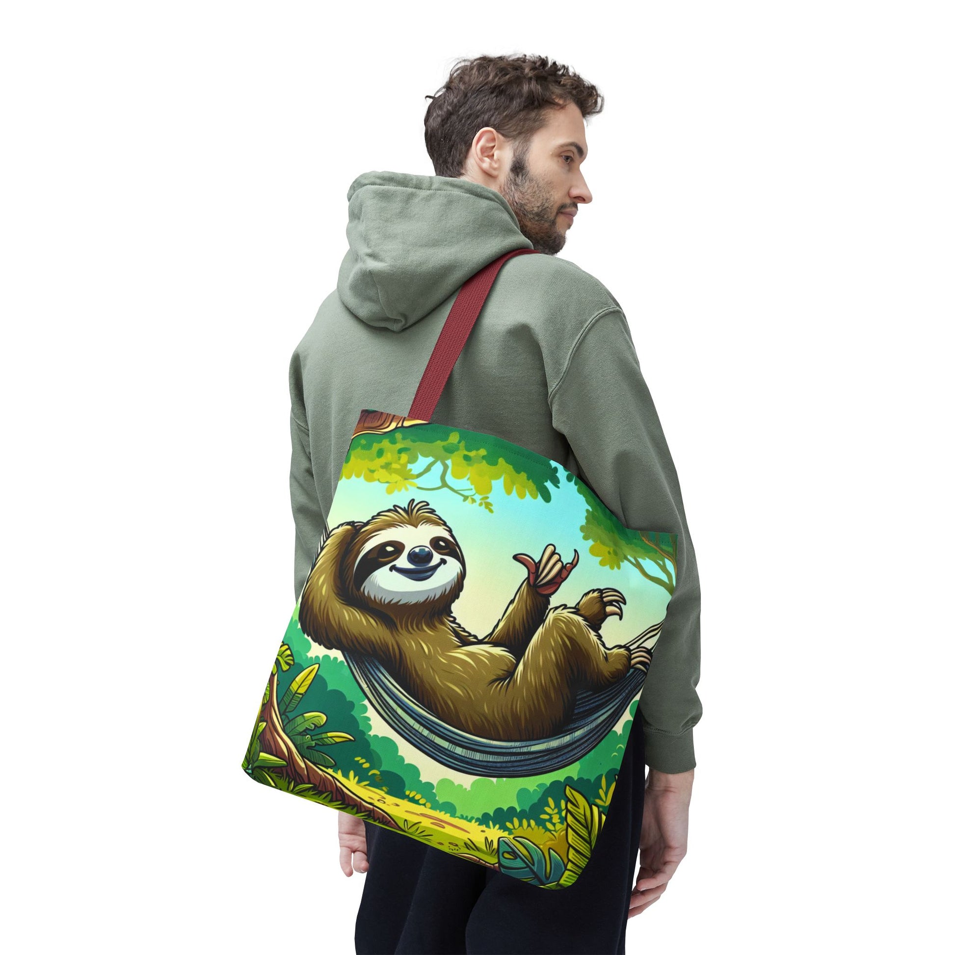 Cute eco-friendly sloth tote bag from Printify featuring a playful sloth design, perfect for animal lovers.