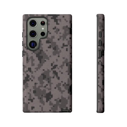 Gray digital camouflage phone case by Printify, tough protective cover for smartphones with a modern camo design.