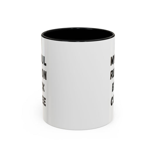 Black ceramic mug with "My Soul Runs on Black Coffee" printed in white, ideal for coffee lovers and gift-giving.