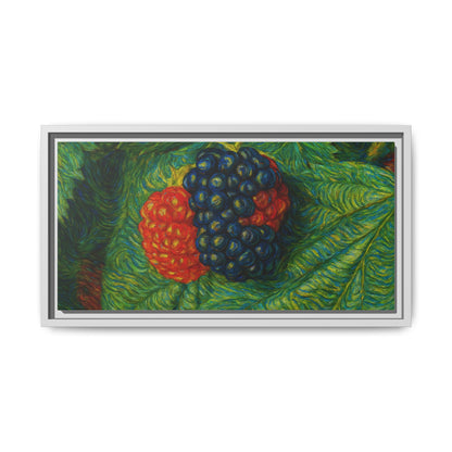 Blackberry still life framed canvas print by Printify, featuring realistic blackberries in a natural setting on a canvas wall art piece.