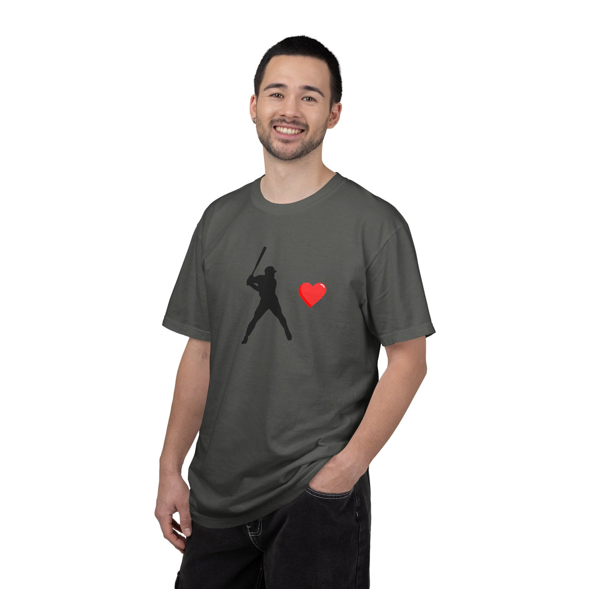 White baseball batter heart T-shirt by Printify featuring a graphic of a batter with a heart design on the front.