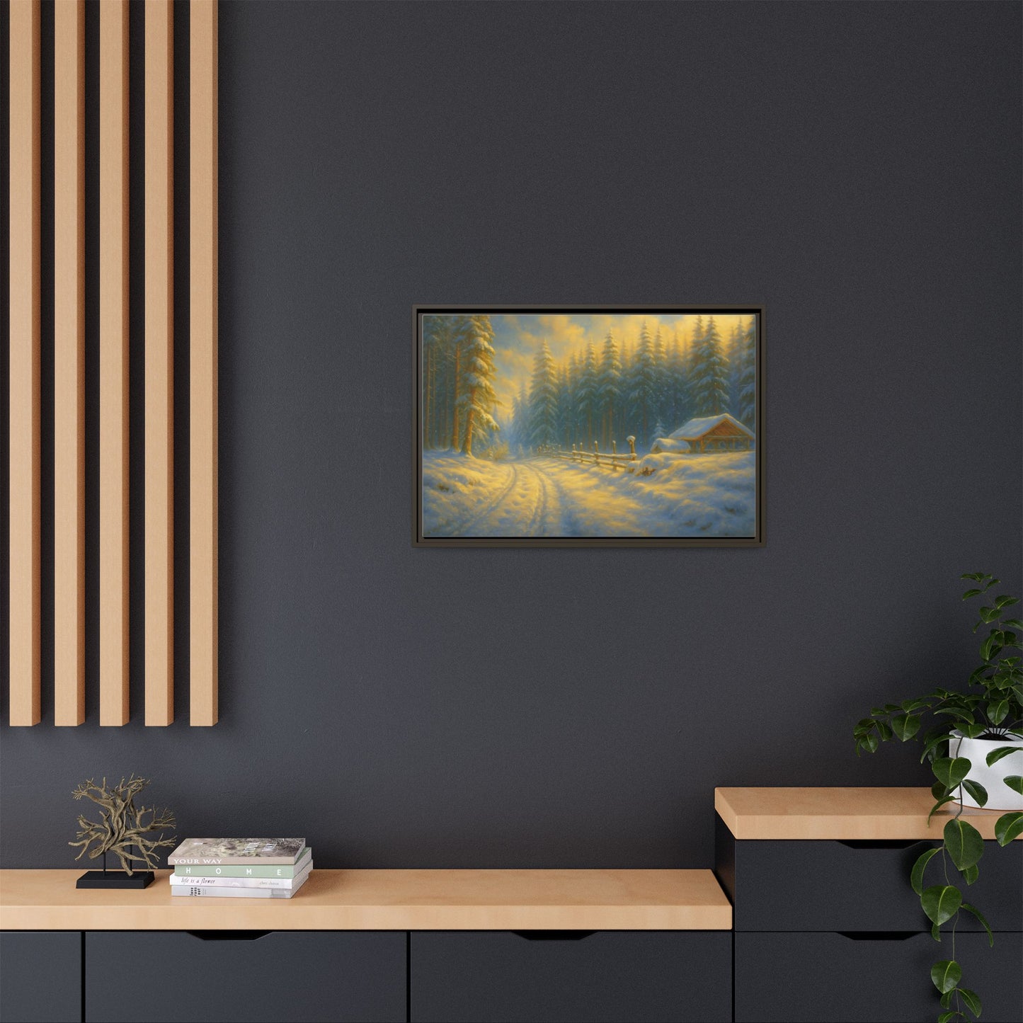 Framed winter cabin canvas print by Printify featuring a snowy forest sunset scene, perfect for wall art decor.