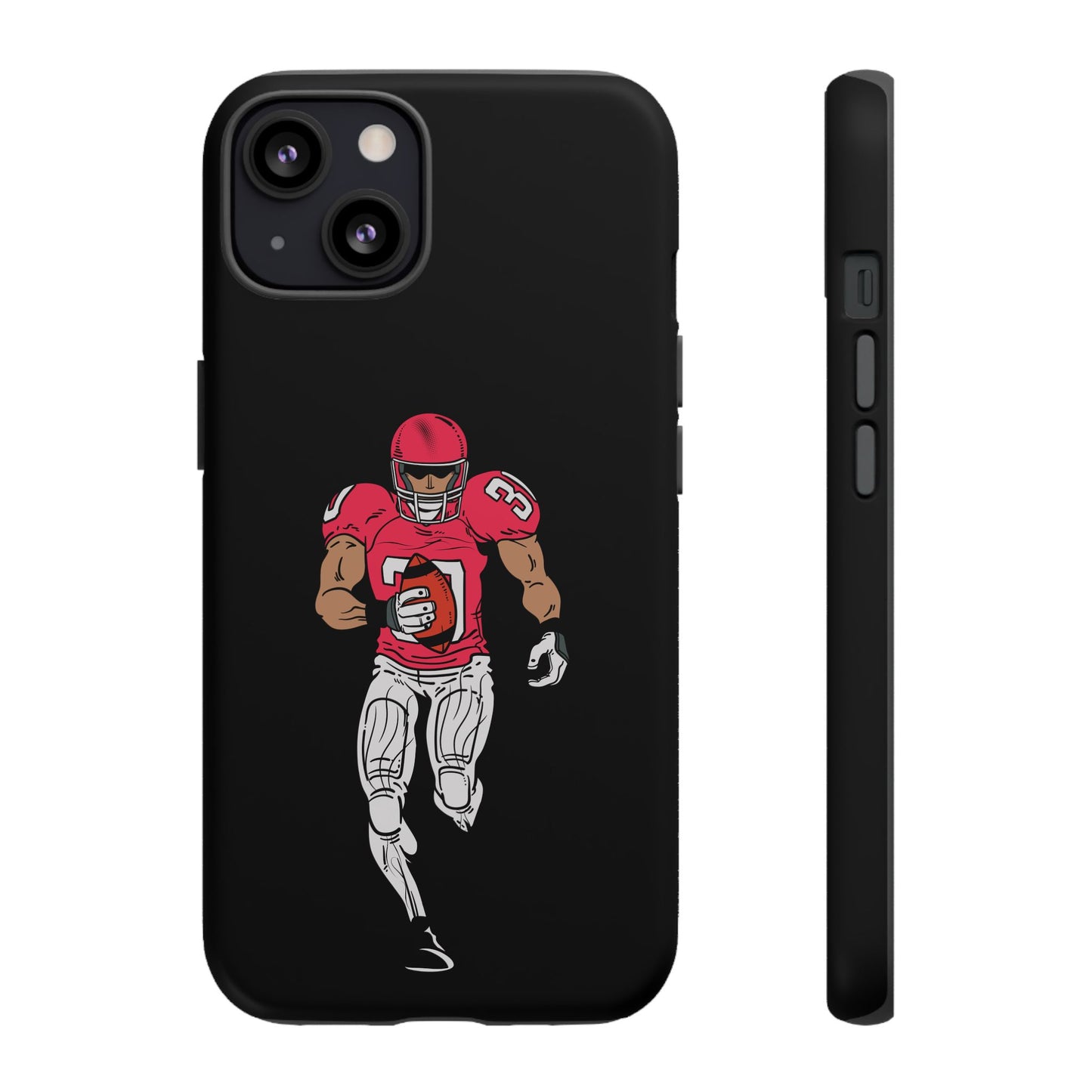 Black football player tough phone case for iPhone, protective sports-themed iPhone case by Printify with football design.