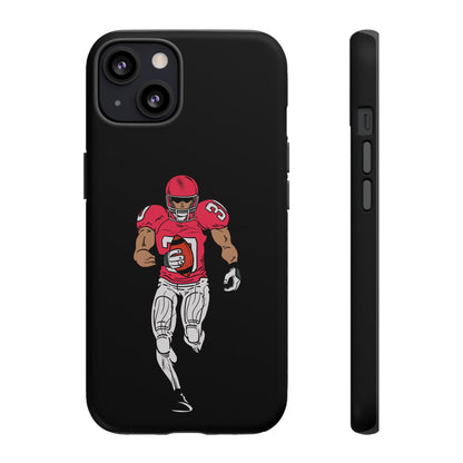 Black football player tough phone case for iPhone, protective sports-themed iPhone case by Printify with football design.