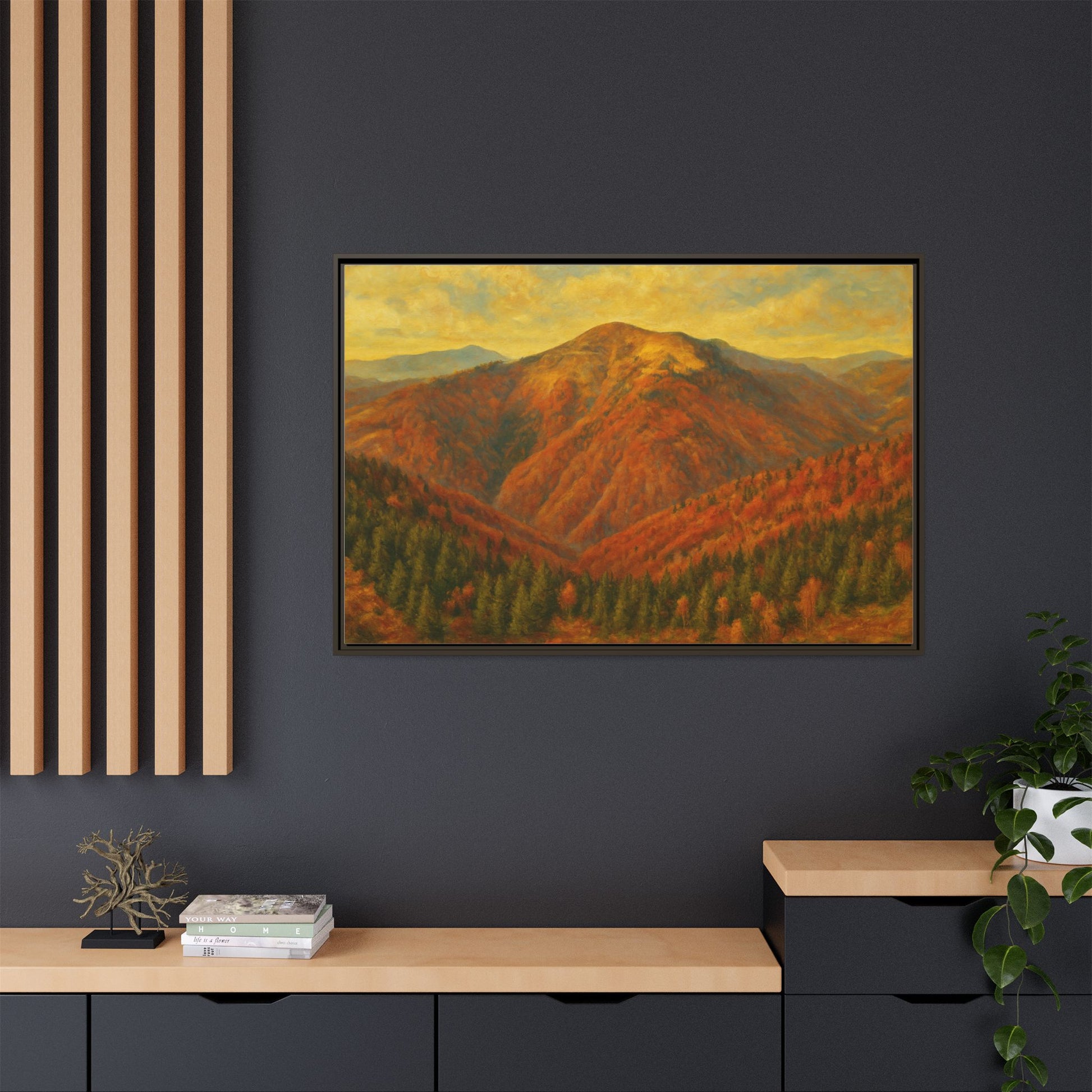 Autumn mountain matte canvas framed wall art by Printify, featuring a scenic mountain landscape in warm autumn tones.
