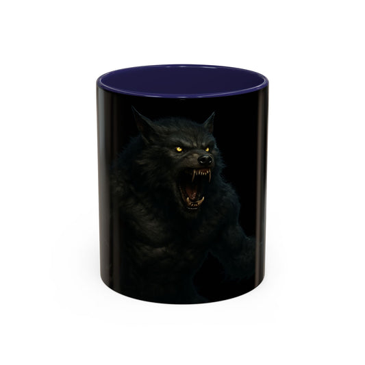 Dark horror werewolf coffee mug with a howling wolf design, perfect for fans of spooky and gothic drinkware.