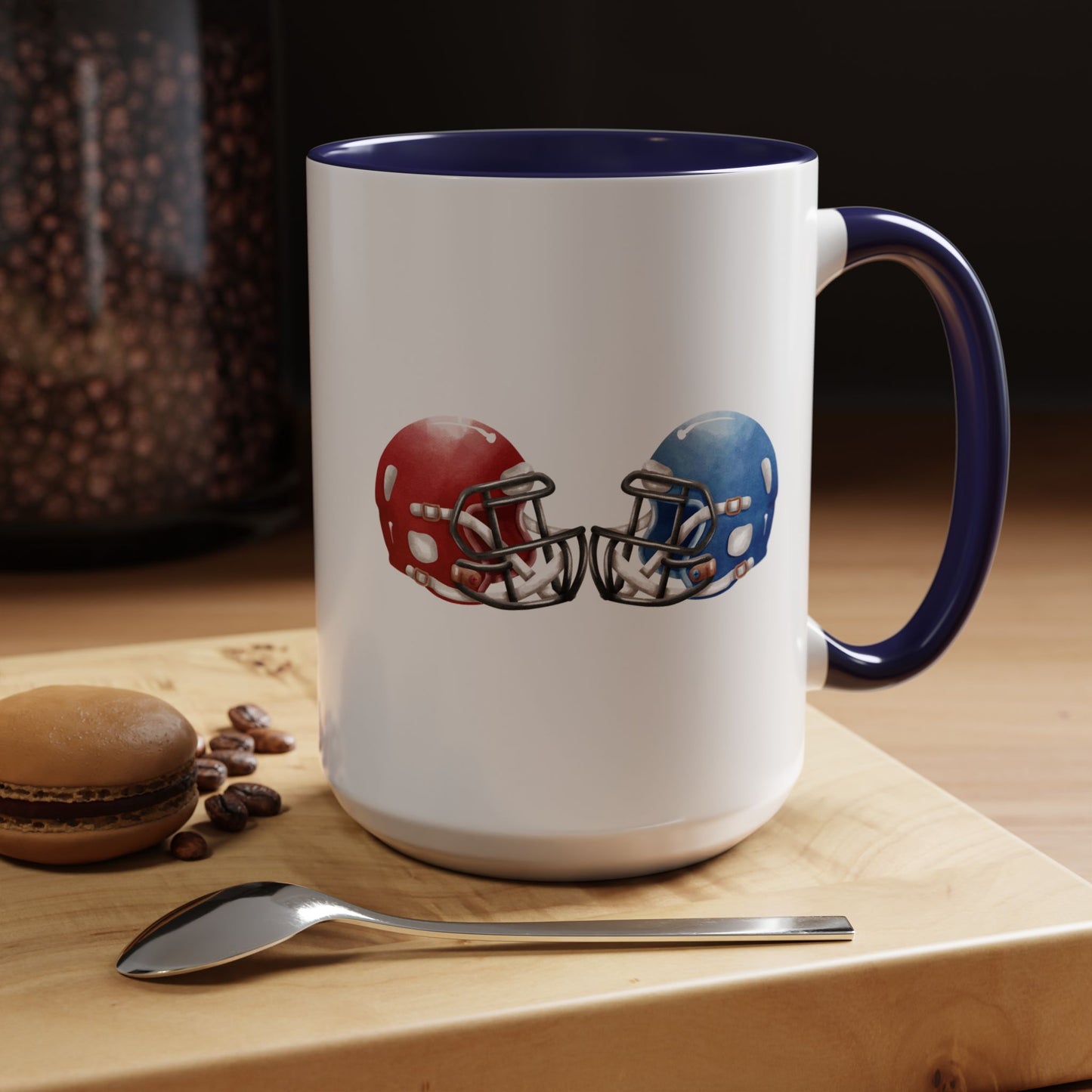 Football Helmet Coffee Mug — Red vs Blue Rivalry Accent Mug (11/15oz)