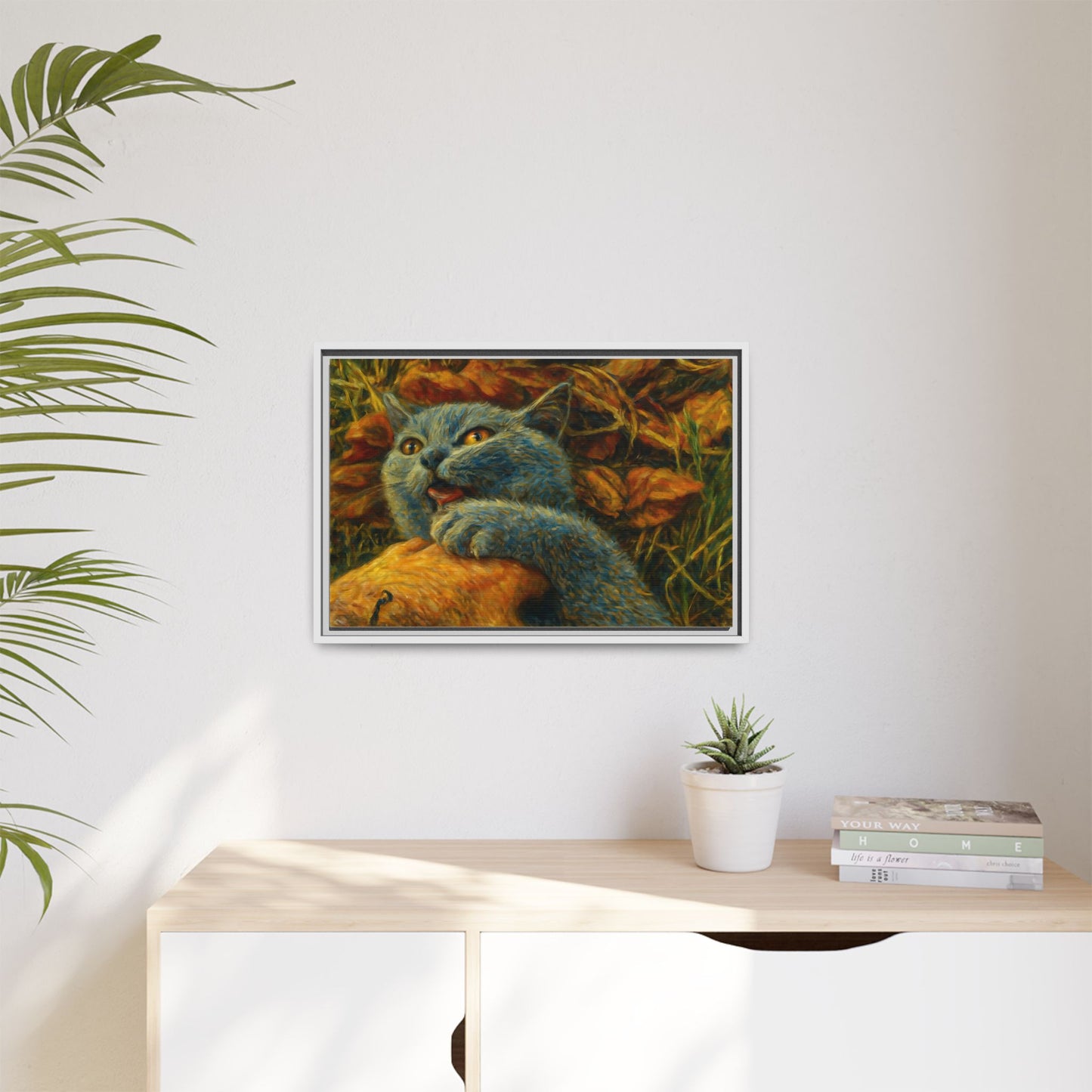 Blue cat canvas print featuring whimsical wall art for cat lovers, printed by Printify on high-quality canvas.