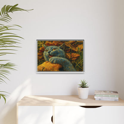 Blue cat canvas print featuring whimsical wall art for cat lovers, printed by Printify on high-quality canvas.