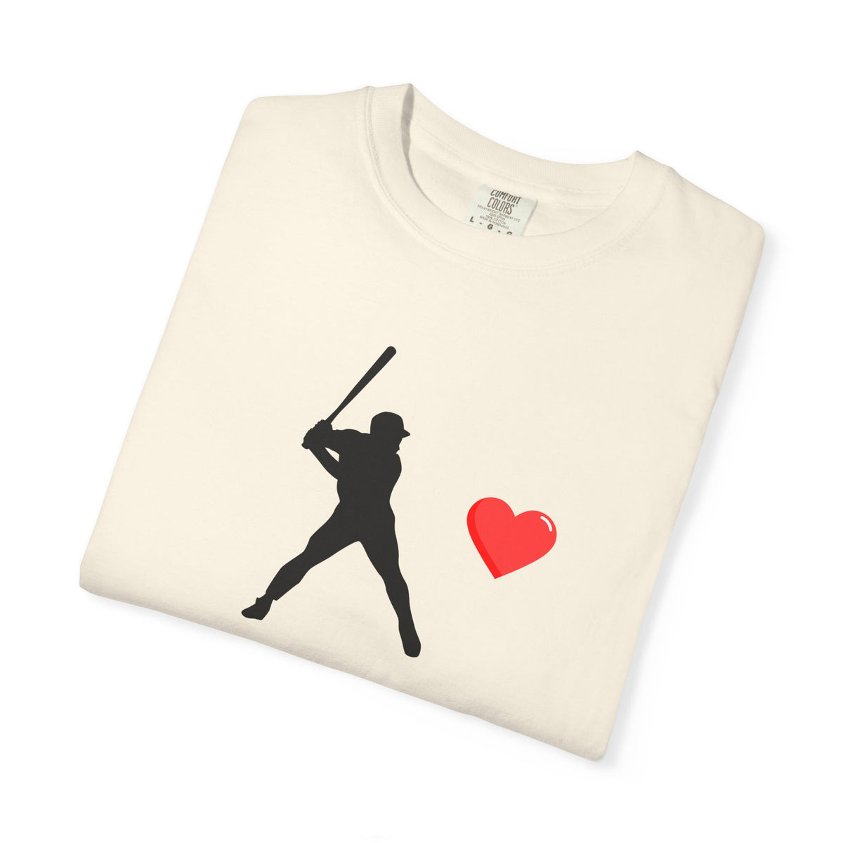White baseball batter heart T-shirt by Printify featuring a graphic of a batter with a heart design on the front.