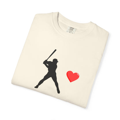 White baseball batter heart T-shirt by Printify featuring a graphic of a batter with a heart design on the front.