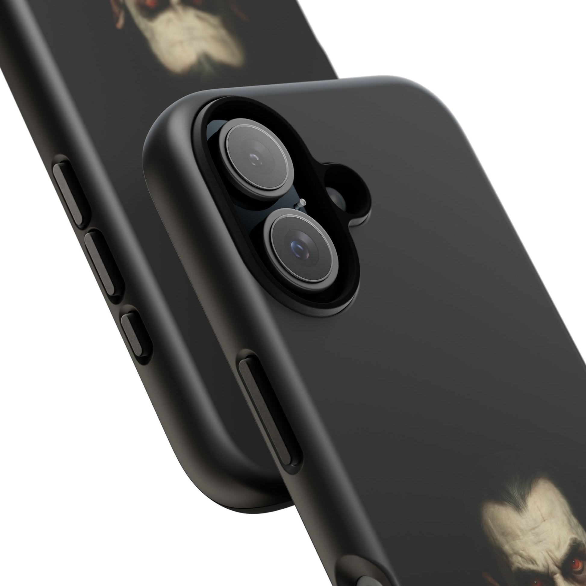Gothic vampire portrait phone case for iPhone, featuring Dracula horror design by Printify, with dark, detailed vampire artwork.
