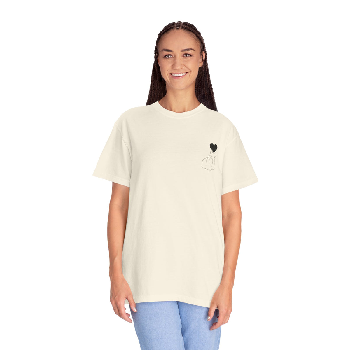 Black T-shirt with minimal white finger heart graphic, casual Printify brand tee for everyday wear.