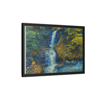 Framed matte canvas print of impressionist waterfall wall art by Printify, featuring vibrant colors and a scenic nature scene.
