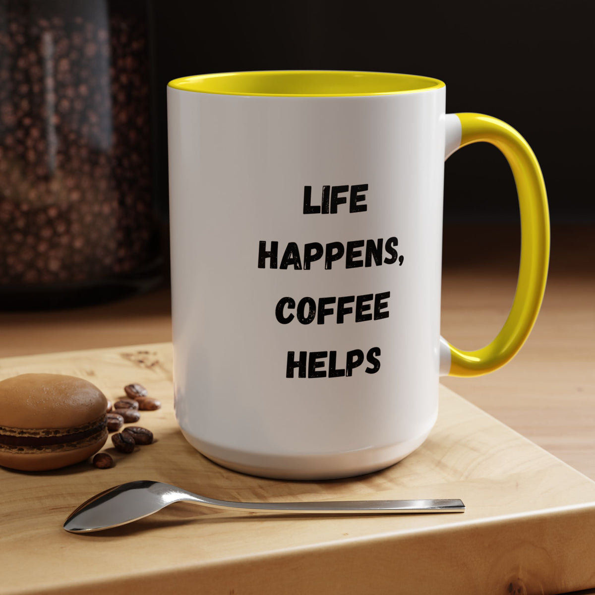 Black ceramic mug with "Life Happens Coffee Helps" slogan, 11oz size, black handle and rim, printed by Printify.