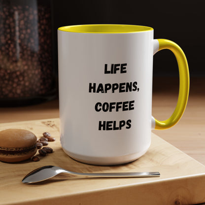 Black ceramic mug with "Life Happens Coffee Helps" slogan, 11oz size, black handle and rim, printed by Printify.